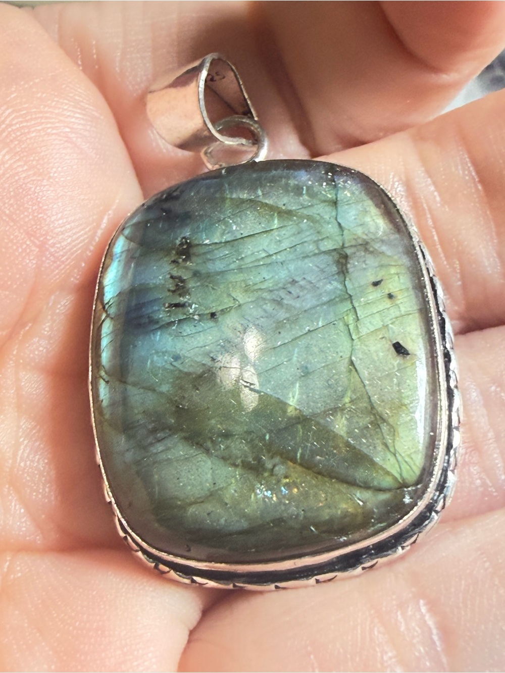 Labradorite Pendant | Teal Green Flash | Organic Rectangle | 2 Inches - Picture 6 of 9